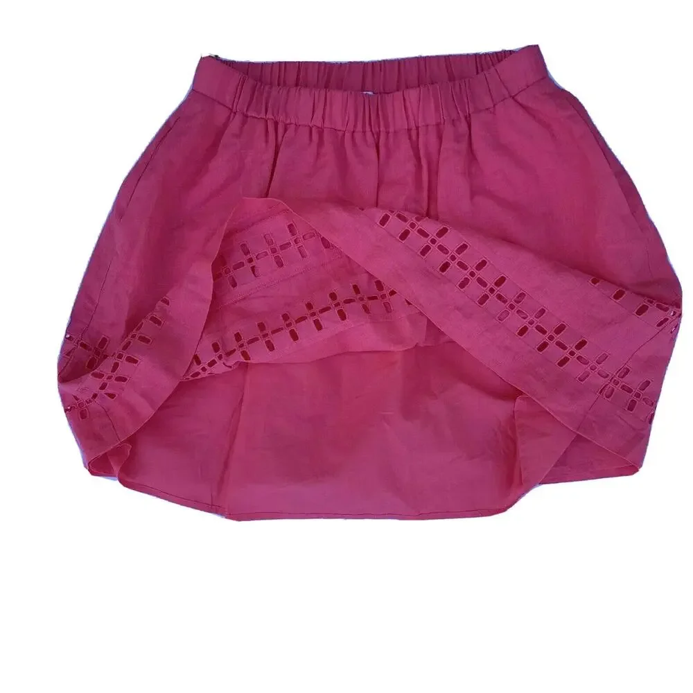 Crown & Ivy women coral reef Cut Out Eyelet Linen Elastic Waist Mini Skirt Sz 6
