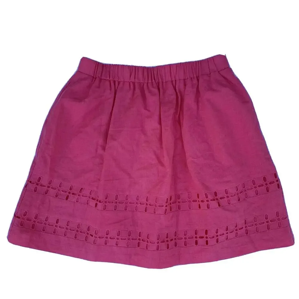 Crown & Ivy women coral reef Cut Out Eyelet Linen Elastic Waist Mini Skirt Sz 6