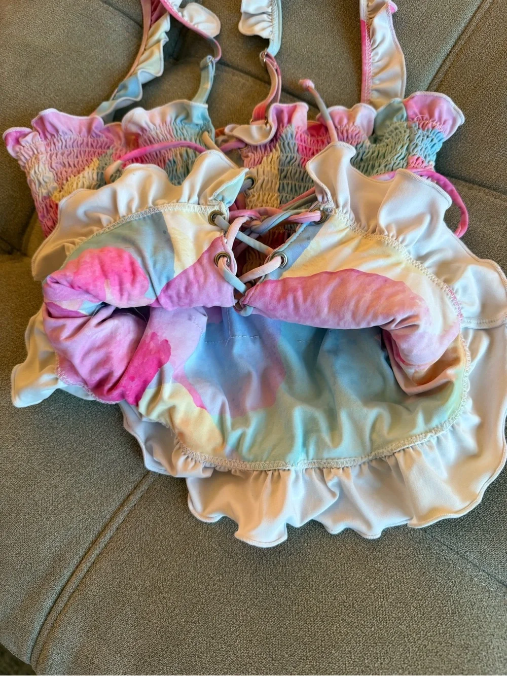 RAD swim Betsey Smocked Tankini Top tank rainbow lined tie-up corset style swim