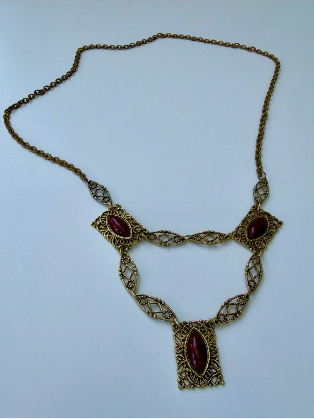 Vintage TOFFANO 1970s Red Cabochon Filigree Festoon Necklace