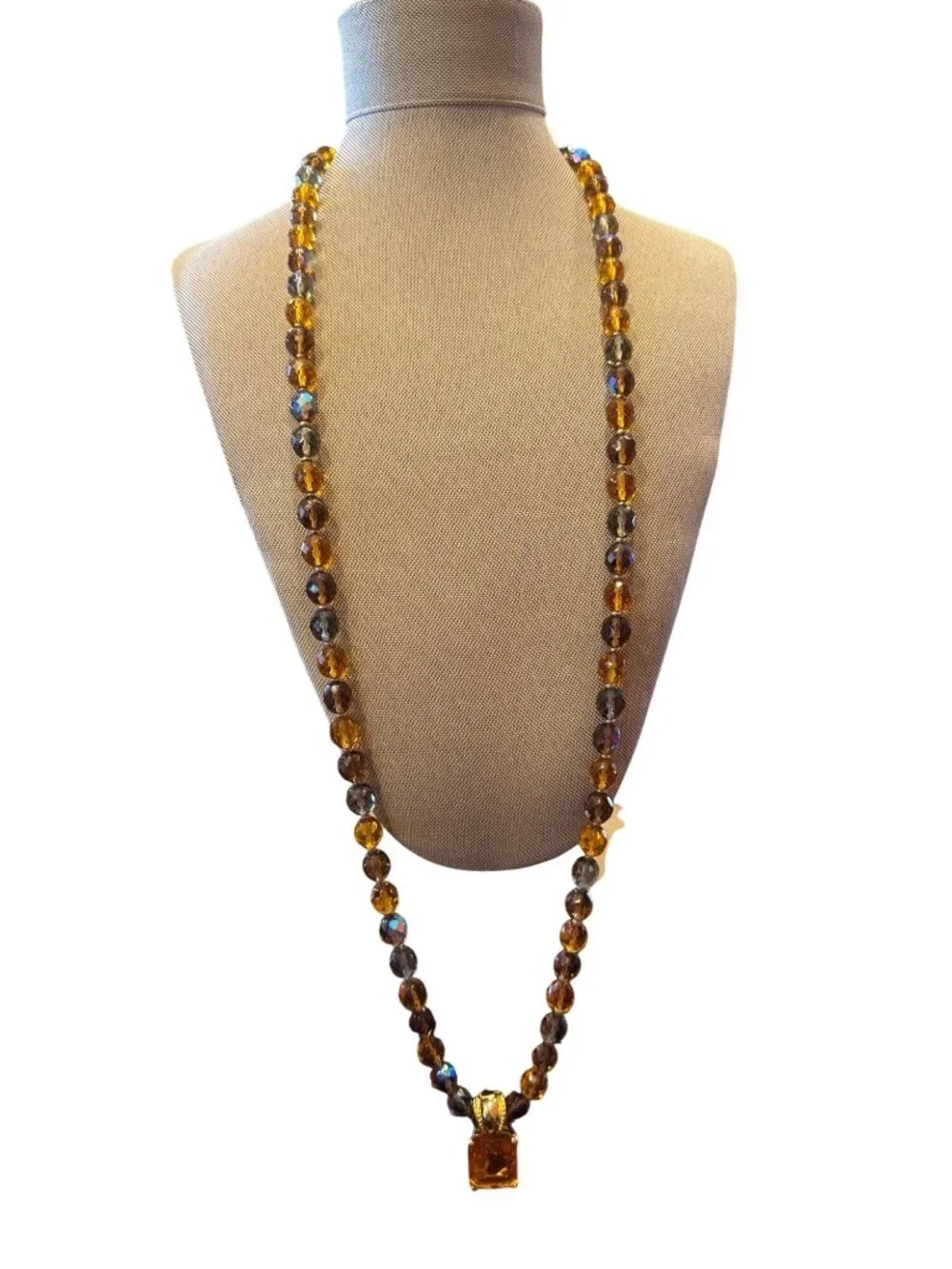 Joan Rivers Faceted Amber Glass Beaded Necklace Gold Tone Pendant Statement