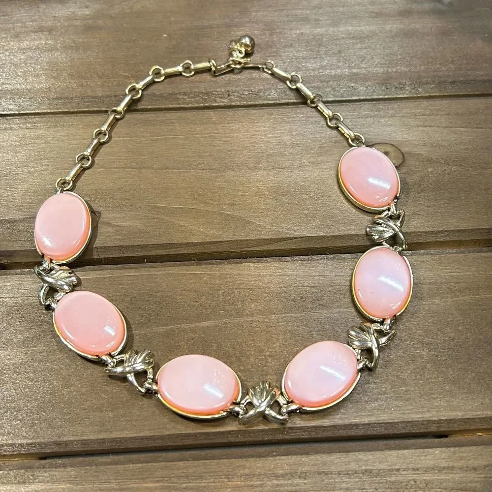 Vintage Coro Pink Thermoset Moonglow Necklace Gold Tone Choker Mid Century 16
