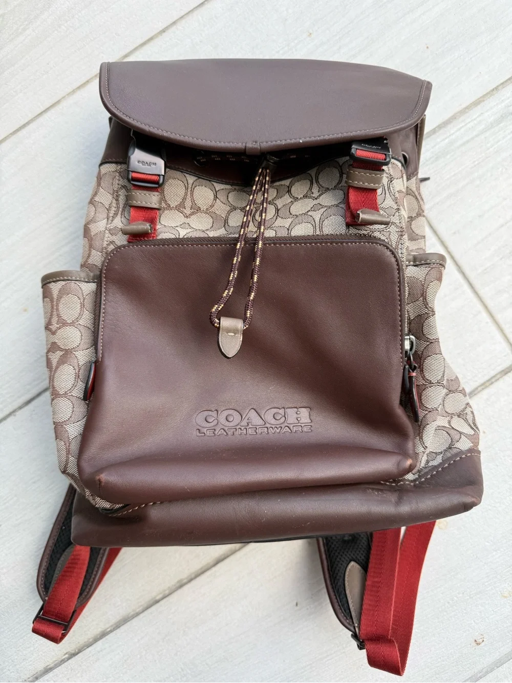 Coach Brown Signature Canvas & Leather Backpack with Red Accents