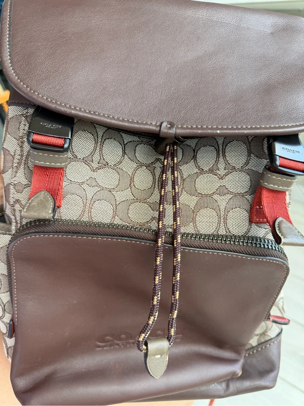 Coach Brown Signature Canvas & Leather Backpack with Red Accents