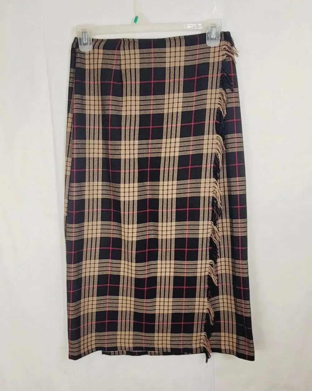 Requirements black tan plaid fringe trim true wrap skirt Size 8 Preppy Holiday