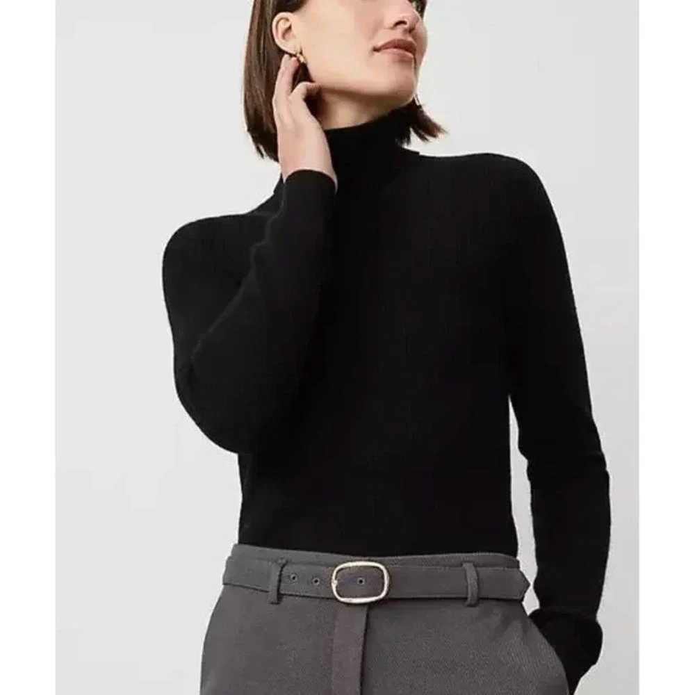 Ann Taylor Womens Cashmere Ribbed Turtleneck Sweater‎ Size XS Black Luxury