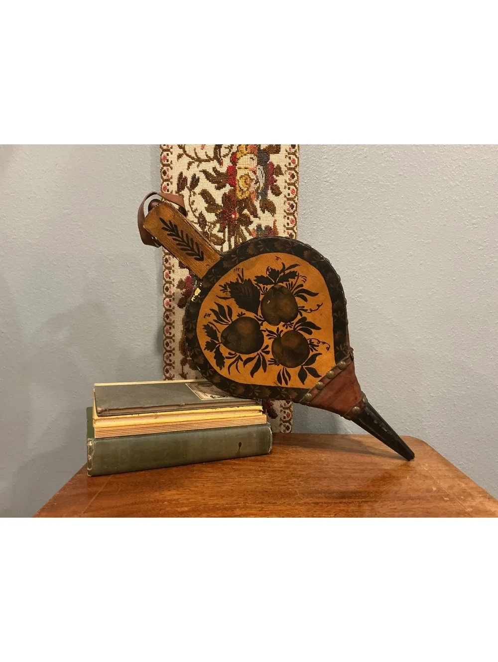 Vintage Tole Painted Fireplace Bellows, Hand Painted Fruit Design, Wood Leather