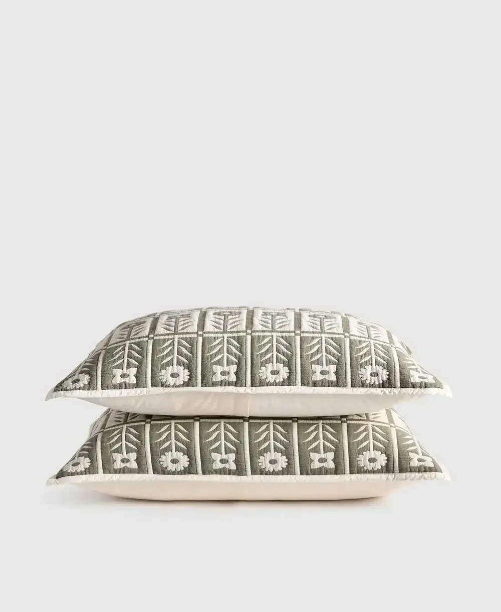 Quince Organic Cotton KING Jacquard Floral Sham Set in Dried Sage 2 new!