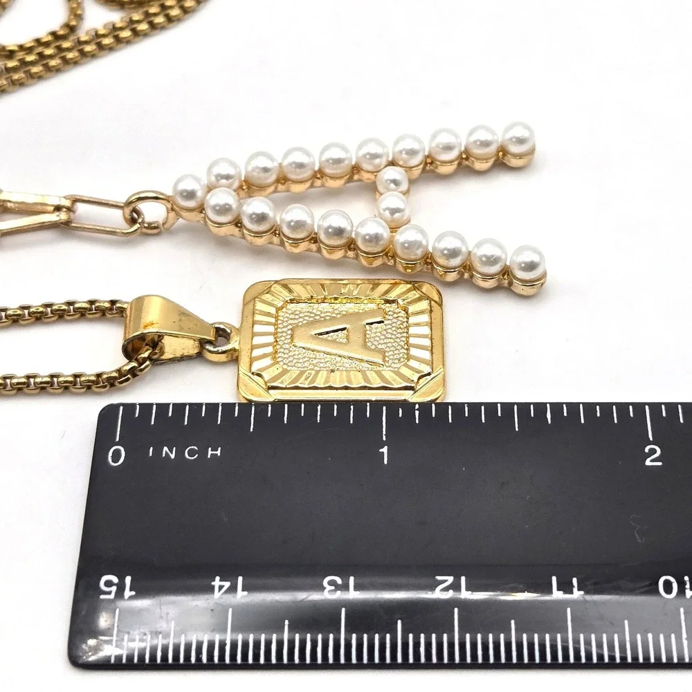 Sugarfix by BaubleBar Gold Tone Initial A Pearl and Medallion Necklace Set‎