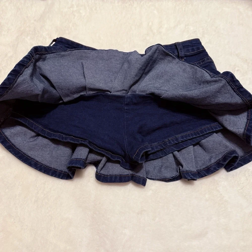 Blue Denim Mini Skirt with Ruffled Hem and Built-In Shorts Size Medium