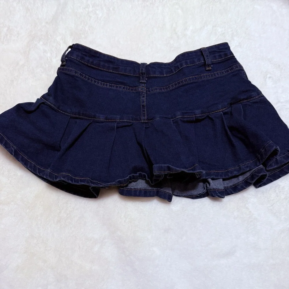 Blue Denim Mini Skirt with Ruffled Hem and Built-In Shorts Size Medium