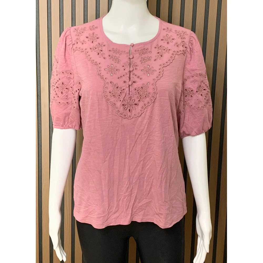 Boden Women's Pink Eyelet Embroidered Puff Sleeve Slub  Top US 10