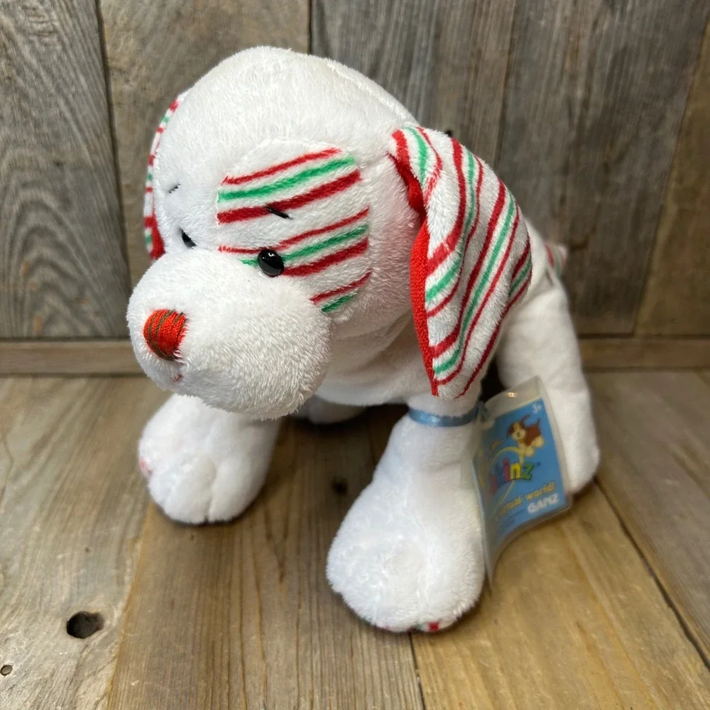 Ganz Webkinz Peppermint Puppy HM467 White Red Green Striped Christmas Plush NWT