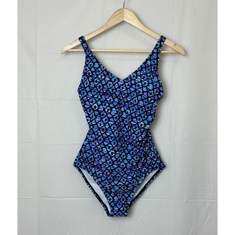 Speedo One Piece Performance Swimsuit Size 8 Blue Purple V Neck Beach Wear