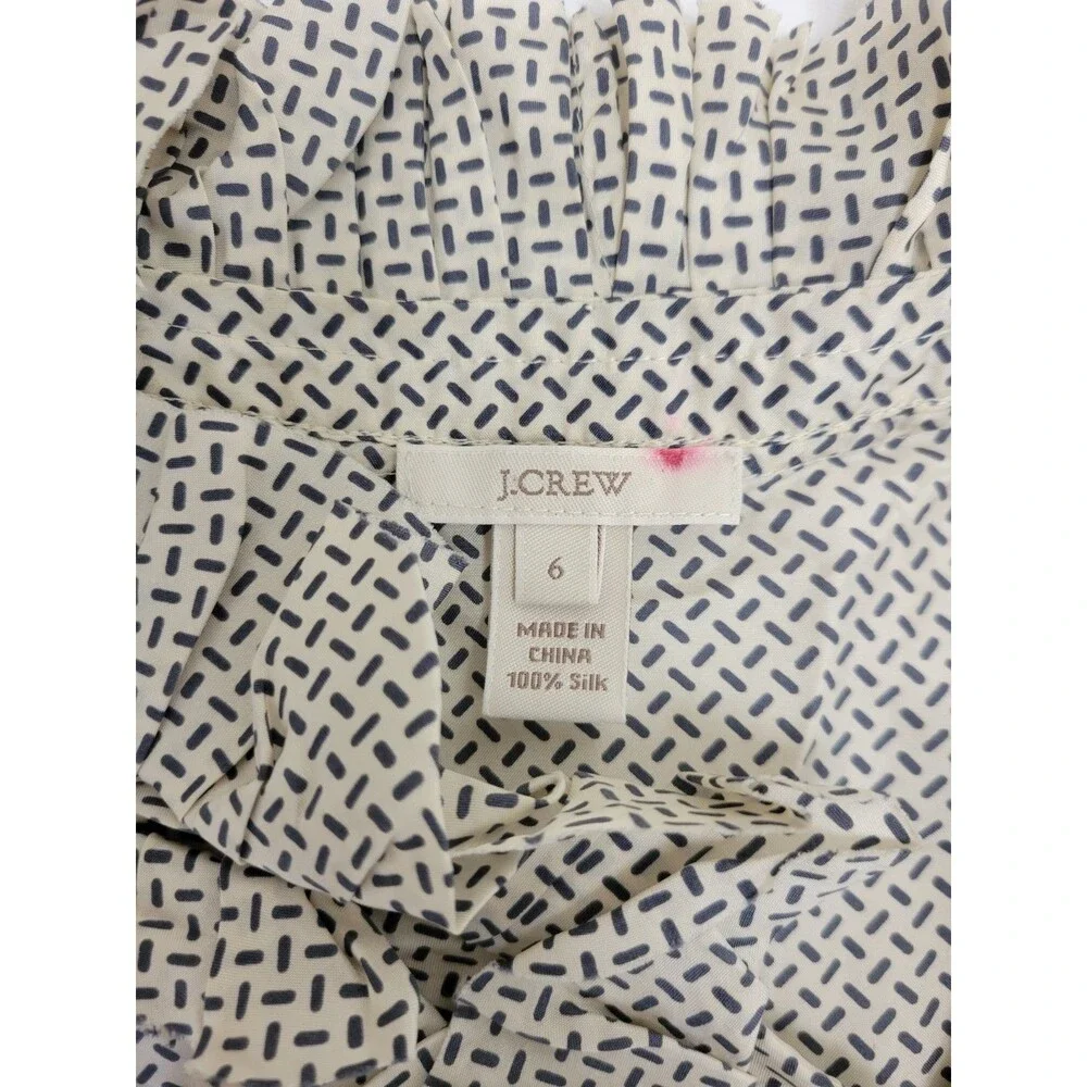 J.CREW White/Blue Geometric Silk V-Neck Sleeveless Ruffle Button Blouse 6