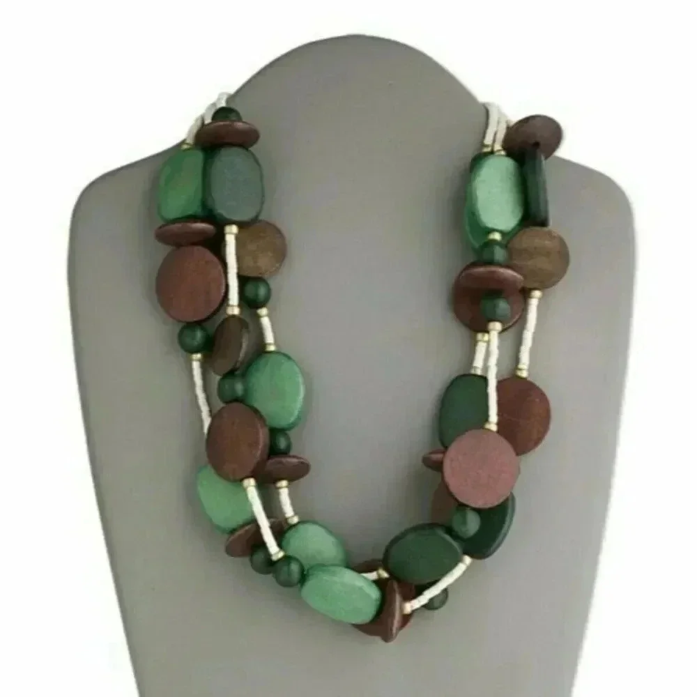 Hand Crafted Chunky Green Brown Ethnic Wood Triple Strand Necklace