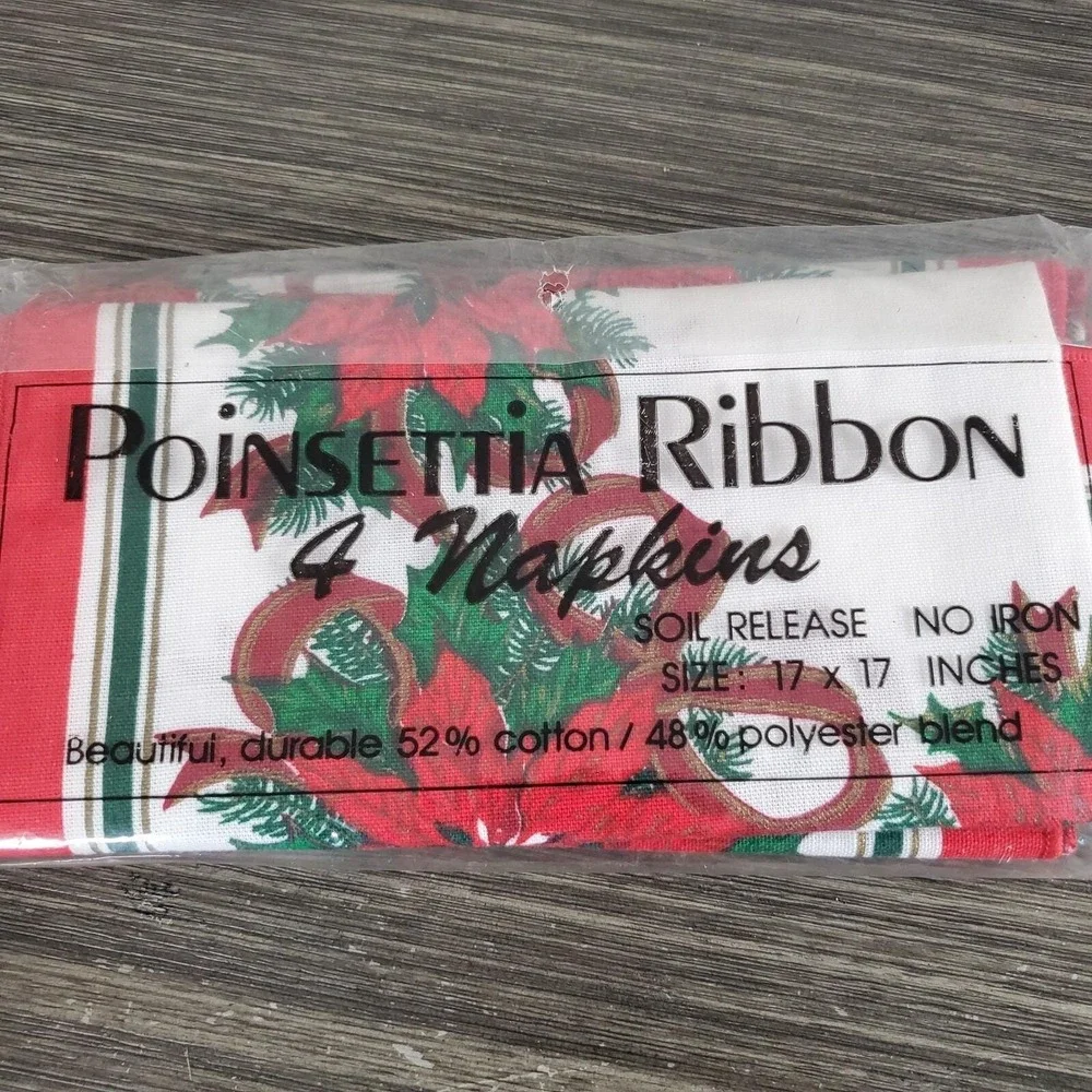 NOS Set Of 4 Poinsettia Ribbon Christmas Holiday Cloth Fabric Napkins 17