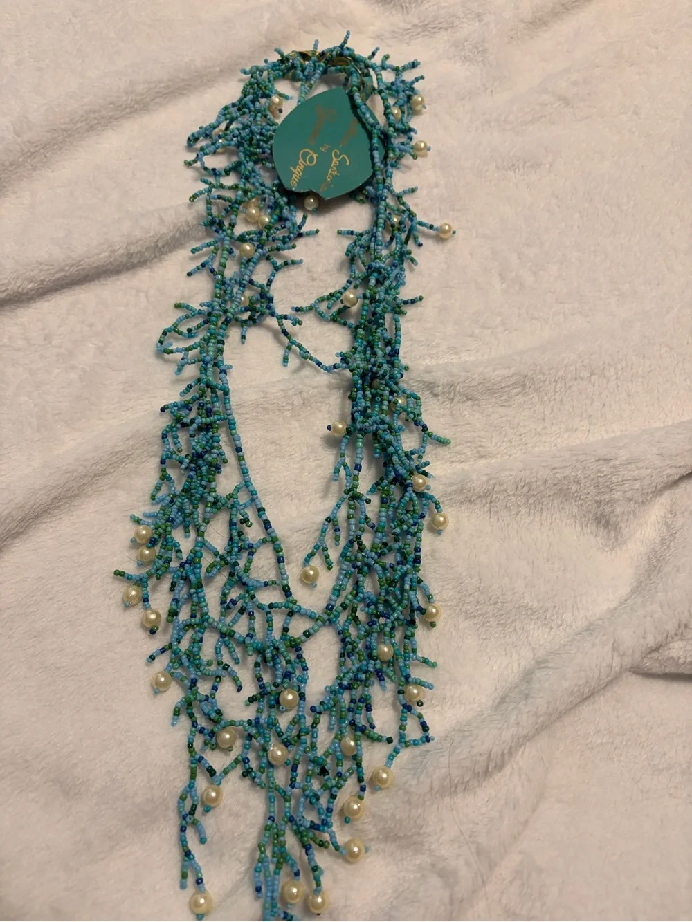 Beaded Aqua Pearl Fringe Necklace - Women Jewelry