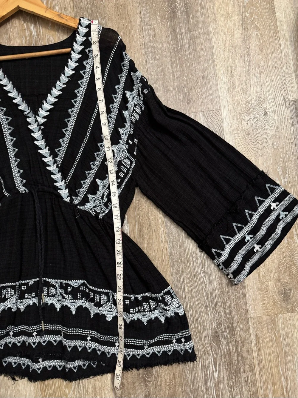 Free People Black Tunic with White and Blue Embroidered Trim