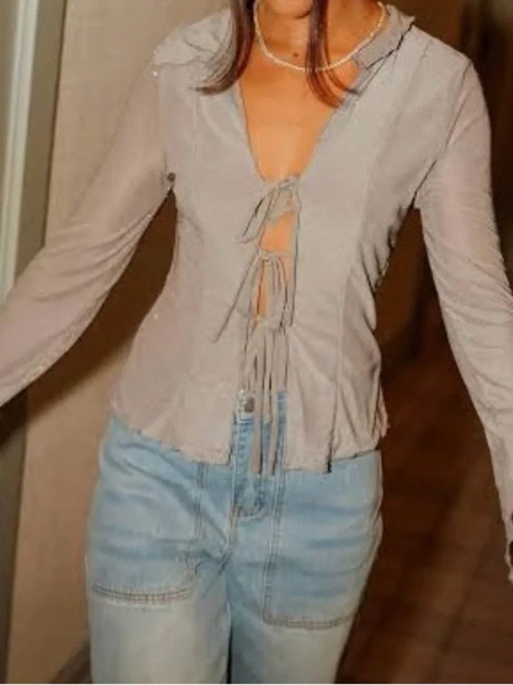 Promesa Taupe Tie-Front Long Sleeve Top