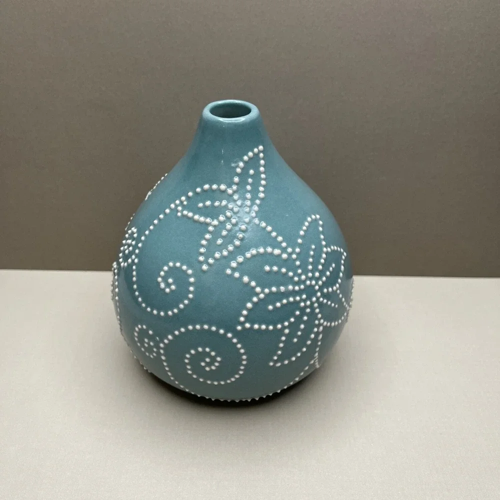 Crate & Barrel Flower Bud‎ Vase Aqua Blue Stitch Pattern Turquoise Decor