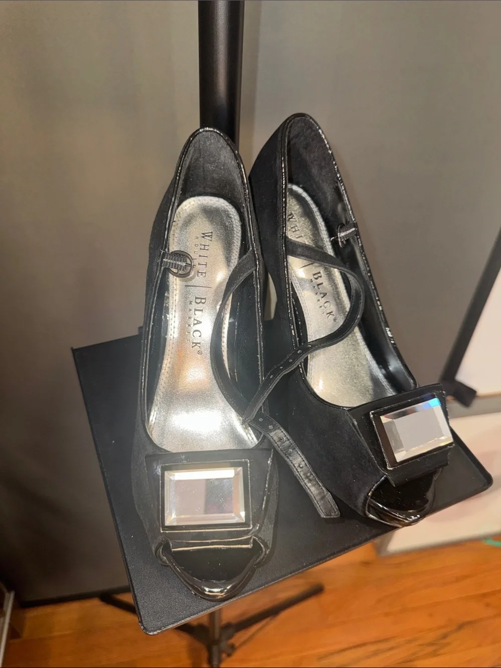 White House Black Market Black Patent Peep-Toe Heels with Faceted Gem