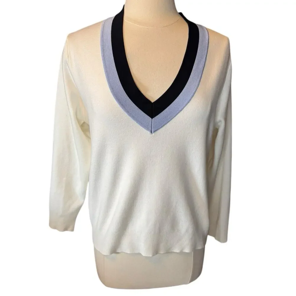 Mango NEW V Neck Varsity Sweater Medium Pullover Cream and Blue