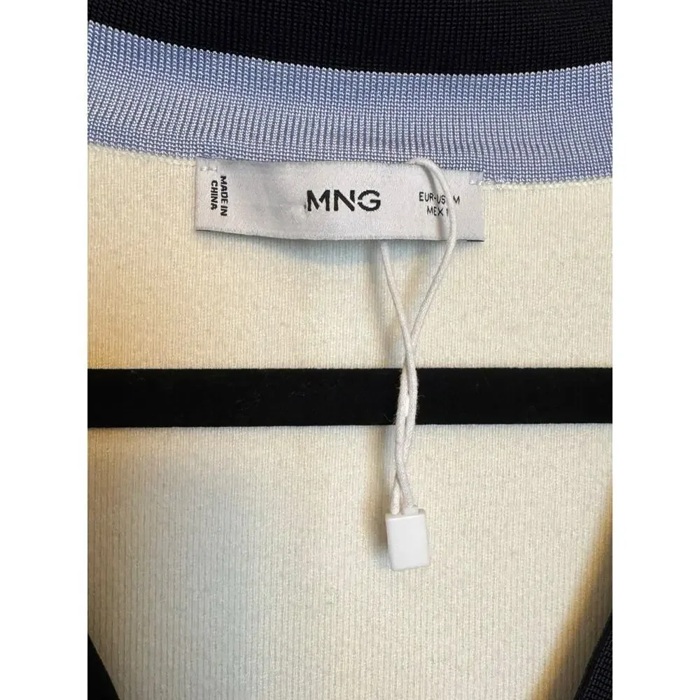 Mango NEW V Neck Varsity Sweater Medium Pullover Cream and Blue