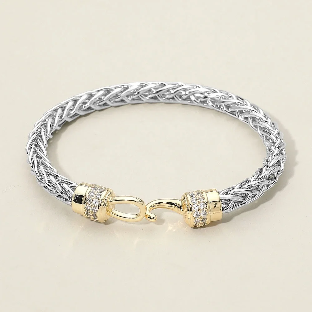 14K Gold Plated Two Tone CZ Stone Paved Hook Accent Woven Bangle Bracelet