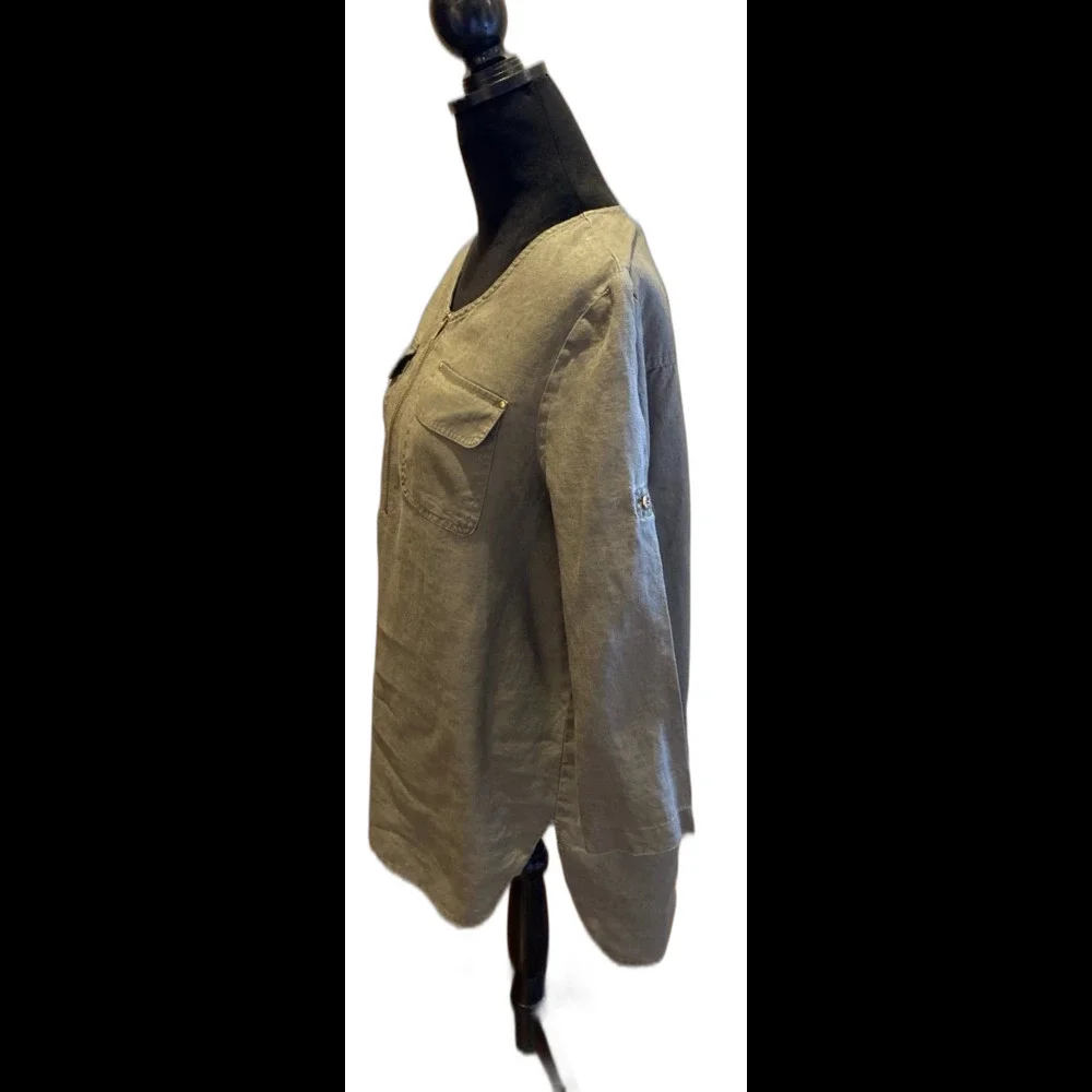 Jones New York Sport Linen Blouse Size Medium Olive Green Tunic‎ Top  Zip Front