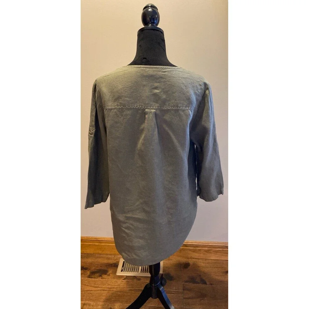Jones New York Sport Linen Blouse Size Medium Olive Green Tunic‎ Top  Zip Front
