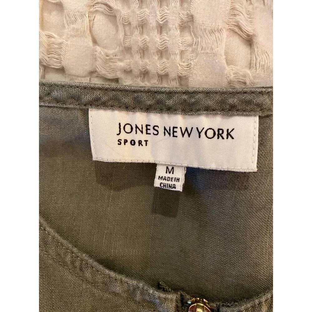 Jones New York Sport Linen Blouse Size Medium Olive Green Tunic‎ Top  Zip Front