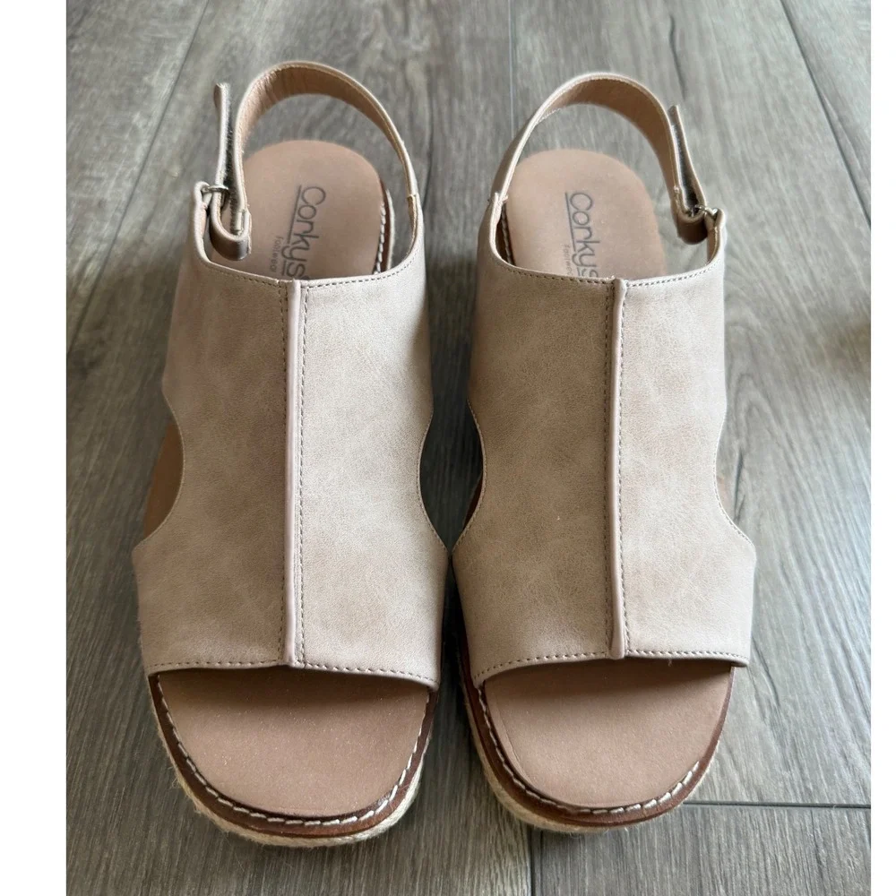 Corkys Ready Or‎ Not Tan Espadrille Wedge Sandals 9 Slingback Platform NWOT