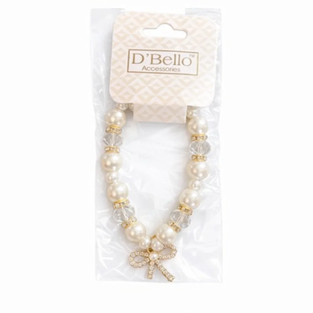 D'Bello White Pearl Beaded Stretch Charm Bracelet‎ Rhinestone Womens Jewelry NEW