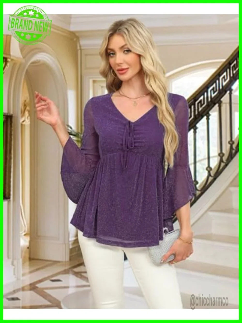 Womens Dressy 3/4 Ruffle Sleeve Sparkly Mesh Blouse Flowy Top