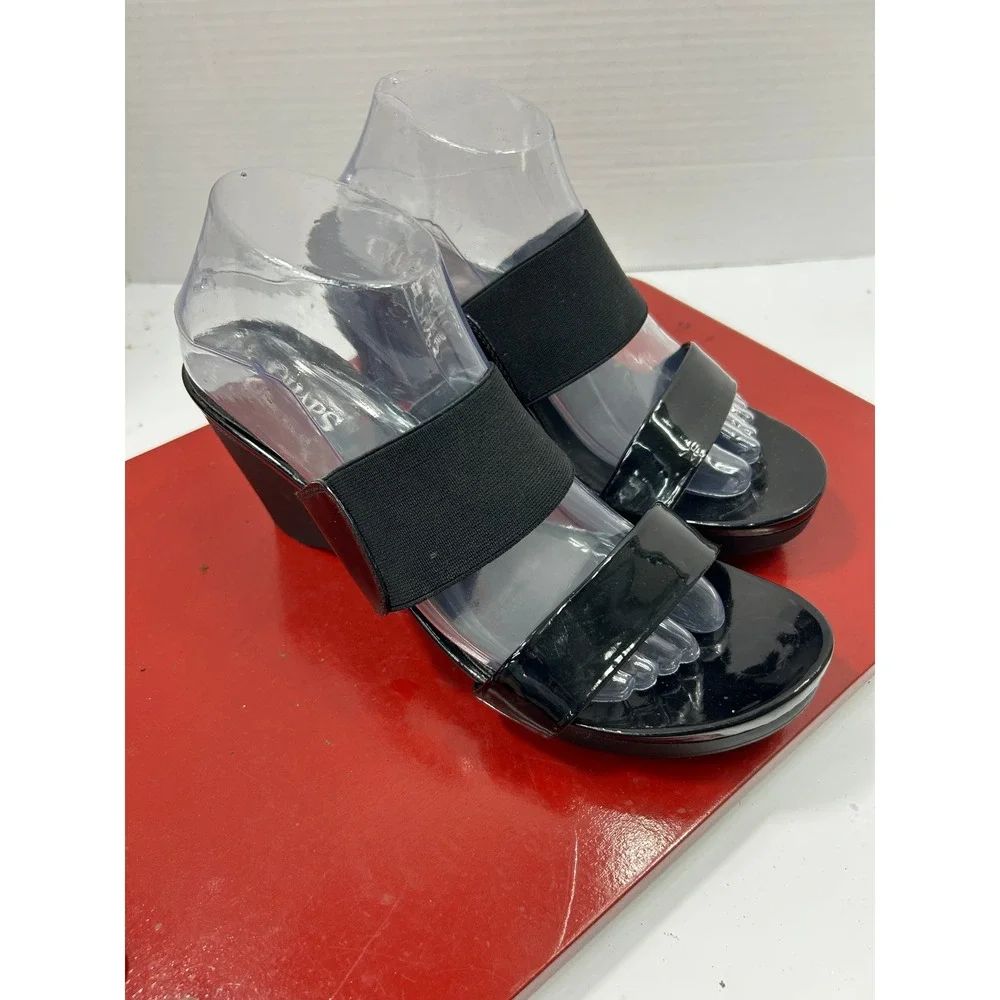 Chaps Patent Wedge Sandals 9.5B Black Elastic Strap Rhoda Office Classic Chic