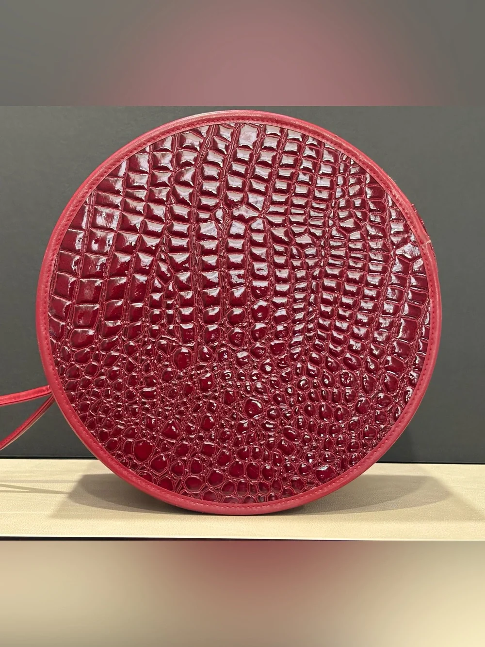 Nordstrom Red Croc-Embossed (Faux) Round Hat Box Cosmetic Case, Burgundy