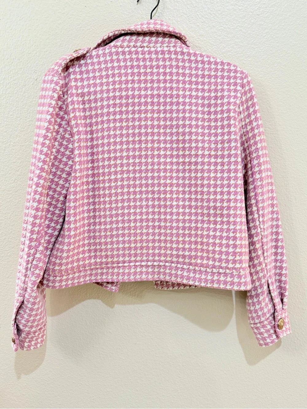 TCEC Pink Tweed Houndstooth Blazer Jacket & Skort Shorts Set Metallic Gold M