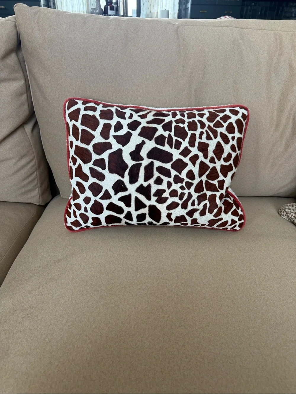 Hair on hide Giraffe Print Accent Pillow with Red Trim