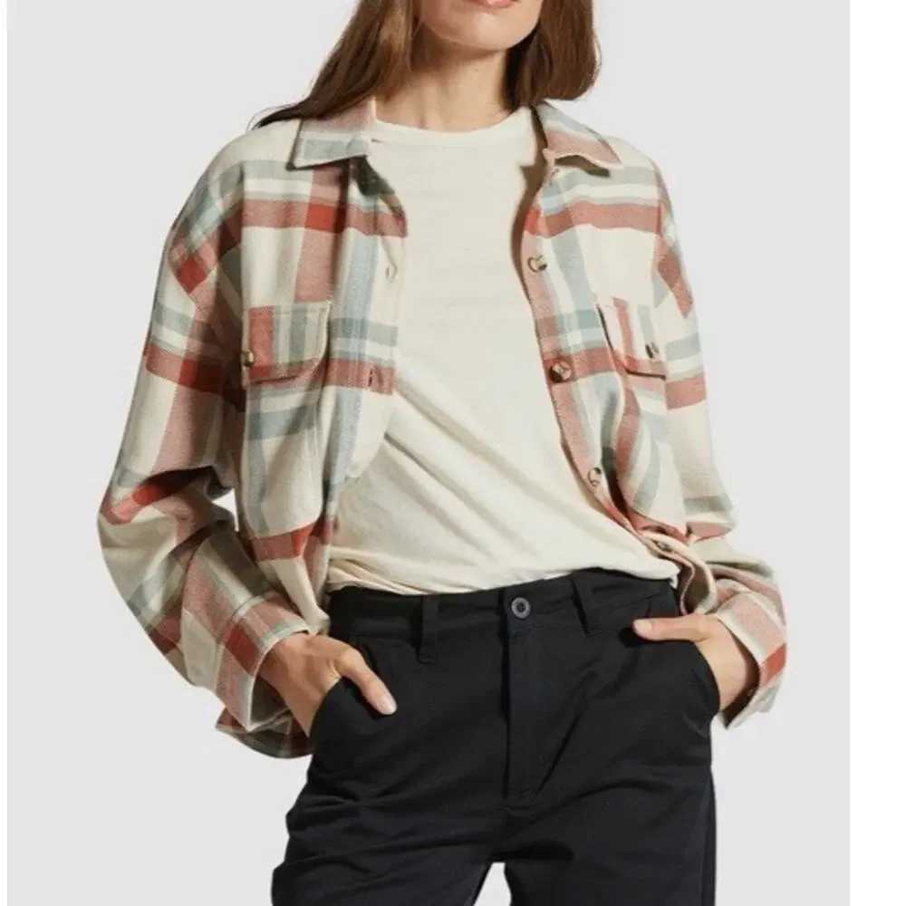Brixton Bowery Cropped Flannel Shirt Plaid Terracotta White Smoke Womens Sz L