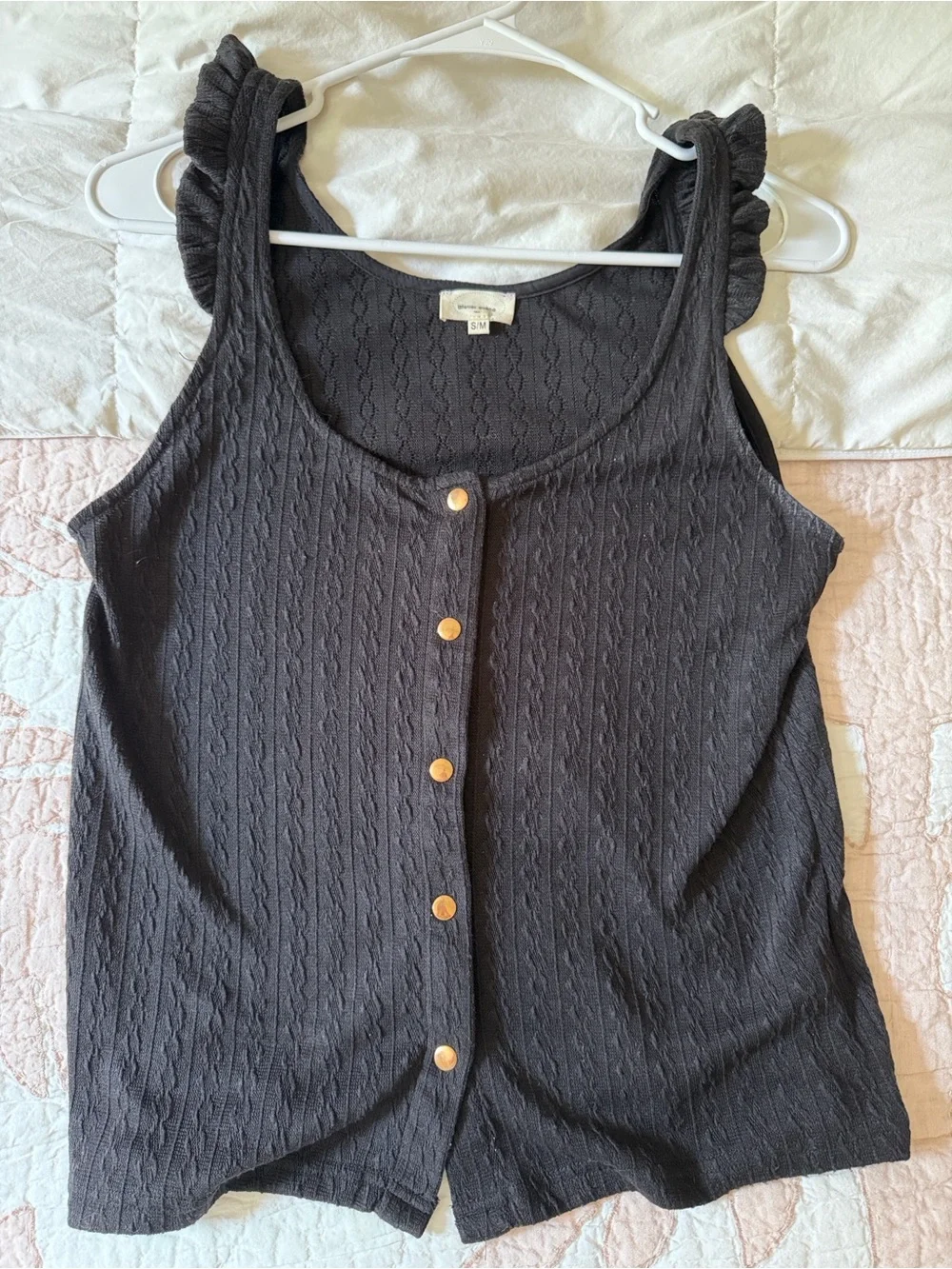 Ruffled Strap Black Button-Front Tank Top