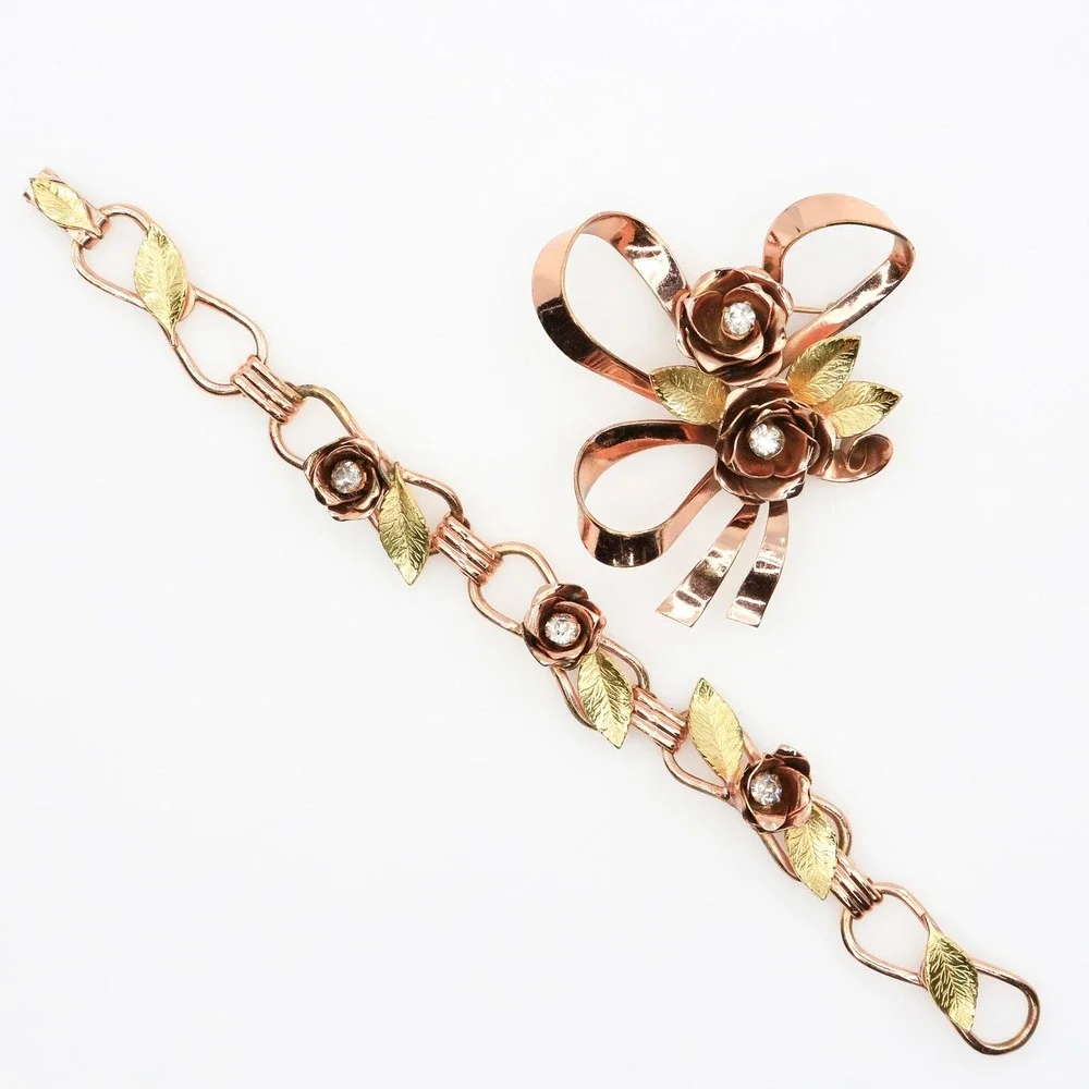 Vintage Coro Rose Gold Tone Floral Bow Brooch Bracelet Demi Parure Set 1940s