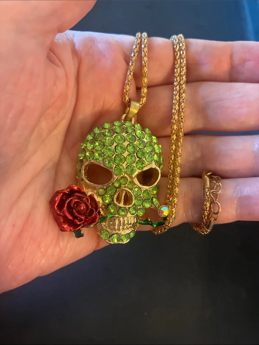 Green Crystal Skull Pendant Necklace with Red Rose Accent