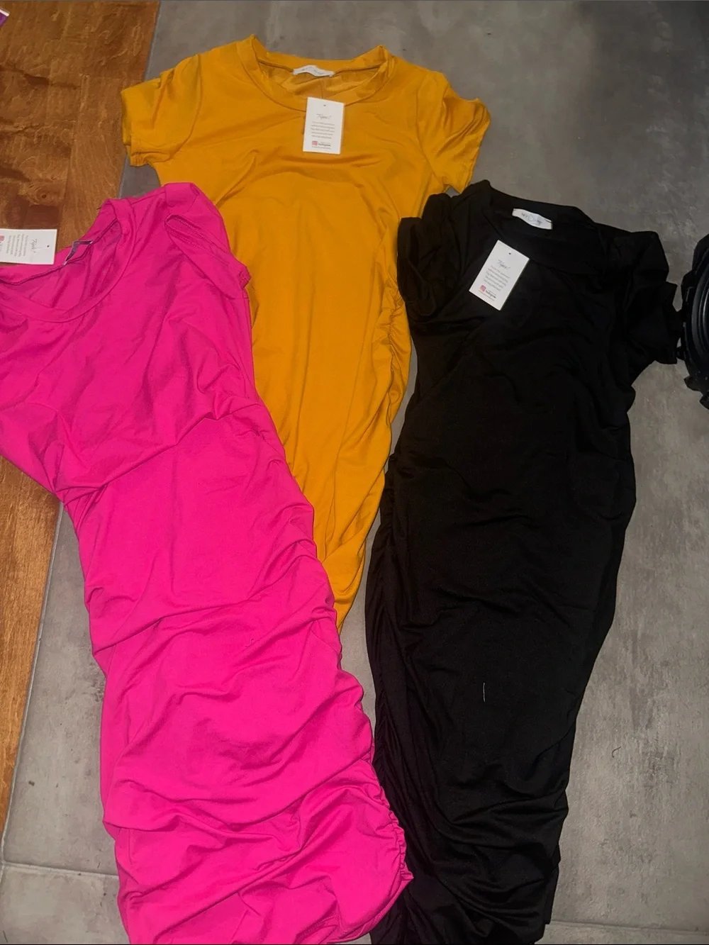 Three Ruched Bodycon Dresses - Pink, Mustard, Black fitted