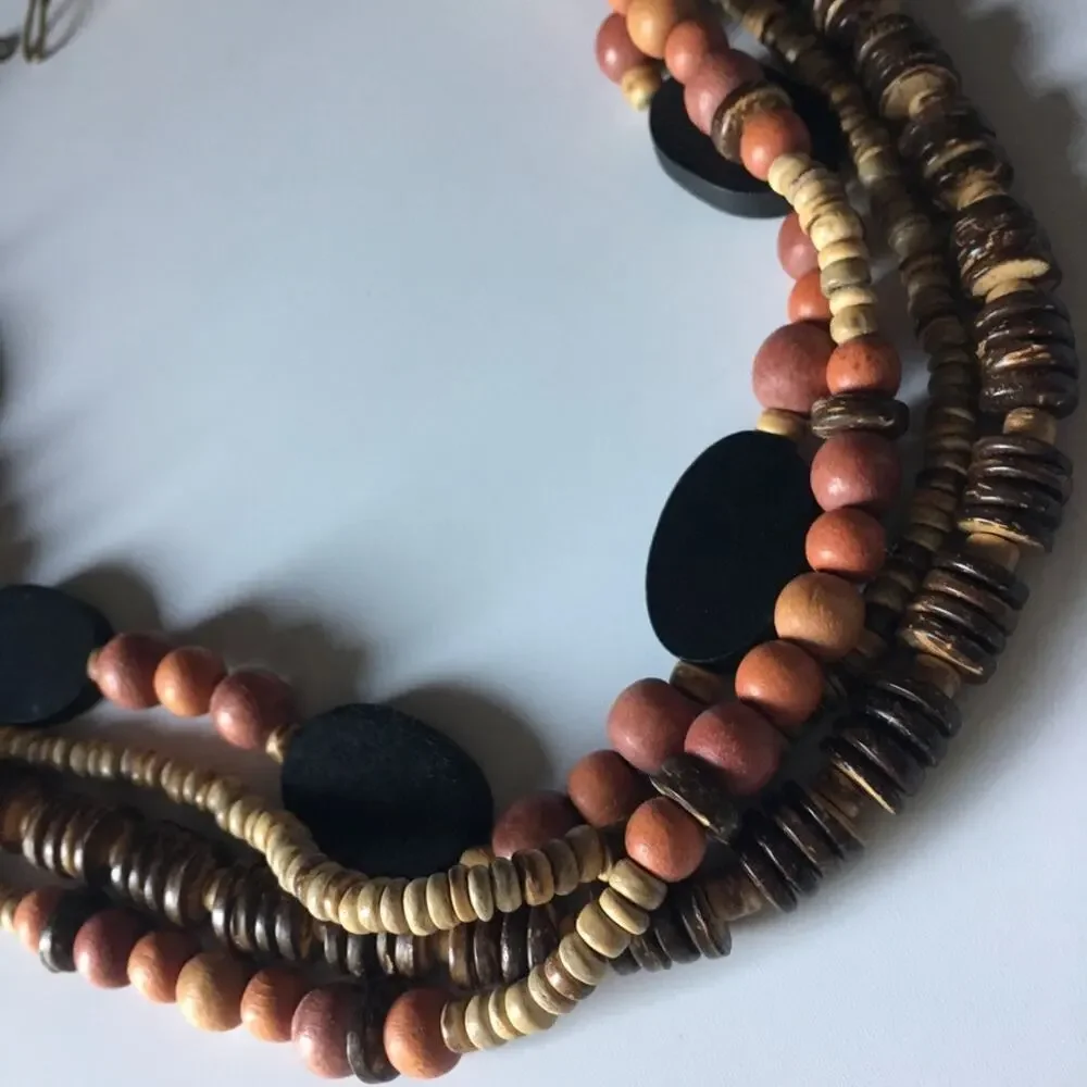 Gorgeous warm wooden bead multi-strand statement necklace