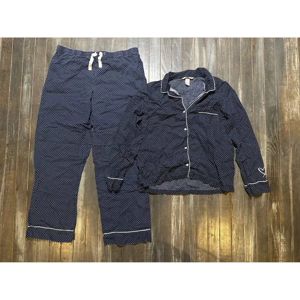 Victoria's Secret Pajama Set Navy Blue Polka Dot Button Down Pants Women M