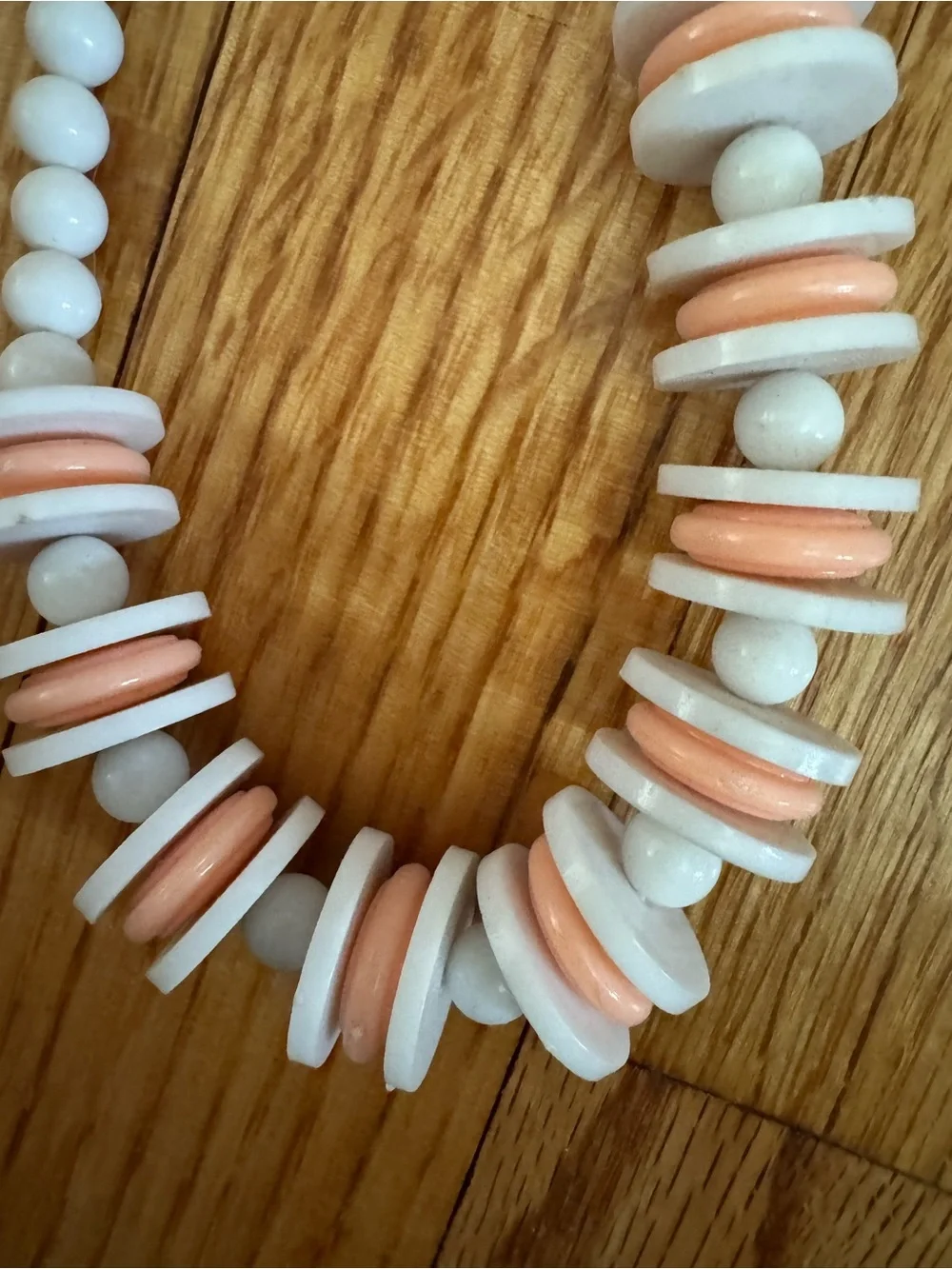 Vintage White Beaded Necklace with Peach Disc Accents
