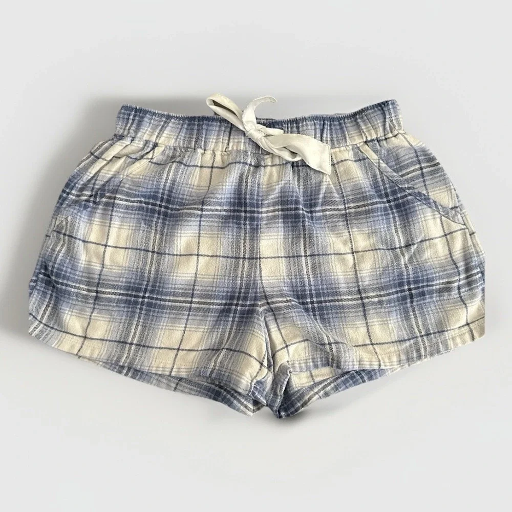Hollister Pajama Set Womens Small Blue Plaid Sleepwear Shorts Lounge Soft Skater