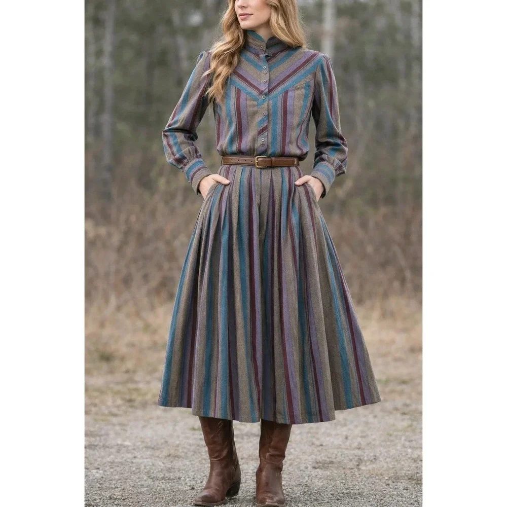 Vintage Western Sophisticates Pendleton Striped Pleated Skirt‎ Set Blouse 13/14