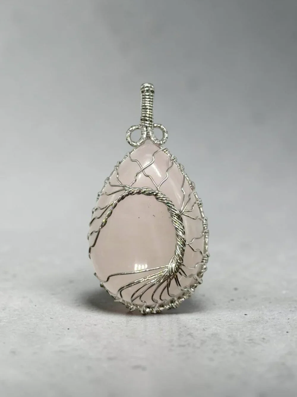 Silver-Tone Wire Wrapped Rose Quartz Pendant